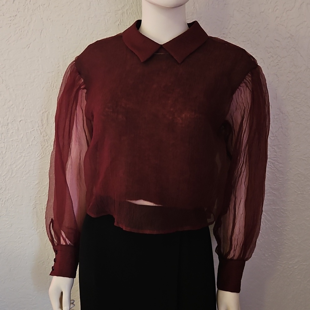 ZARA Dark Purple Alpaca Wool Lined Long Sleeve Organza Festival Crop Top - Picture 3 of 11